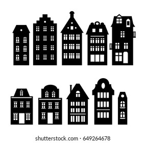 Set of laser cutting Amsterdam style houses. Silhouette of a row of typical dutch view at Netherlands. Stylized facades of old buildings. Wood carving vector template. Background for banner, card.