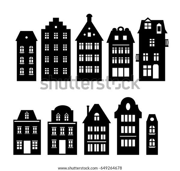 アムステルダム様式の住宅のレーザー切断セット オランダの典型的なオランダ風の街並みのシルエット 様式化された古い建物のファセド 木彫りのベクター画像テンプレート バナー カードの背景 のベクター画像素材 ロイヤリティフリー