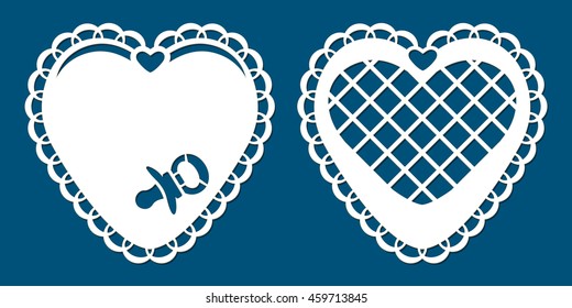 Set of laser cutting cards. Die cut heart shapes with swirl. Lacy heart shapes for baby shower invitation. Template for scrapbook. Heart decoration.