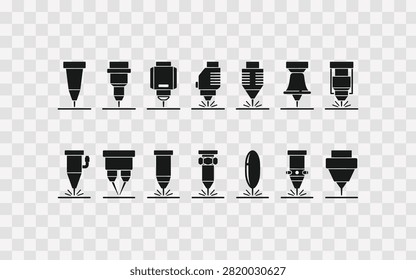 Set of laser cutting nozzles icons, industrial equipment for metal processing, cnc machine parts, vector illustration