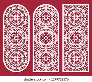 Set of laser cutting openwork panels, screen. Cutout silhouette with round geometric pattern. A picture suitable for printing invitations, laser cutting, engraving, stencil, wood and metal decoration