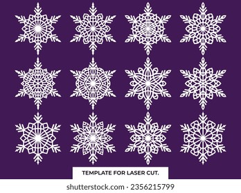 Set of laser cutting openwork snowflakes. Vector silhouette of christmas decoration. Template for paper isolated on blue background. Stencil for scrapbooking, carved wood.
