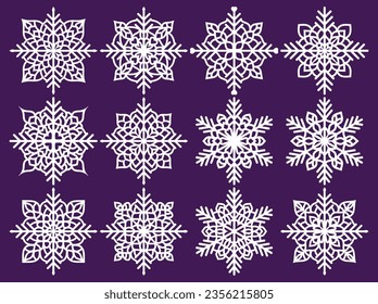 Set of laser cutting openwork snowflakes. Vector silhouette of christmas decoration. Template for paper isolated on blue background. Stencil for scrapbooking, carved wood.
