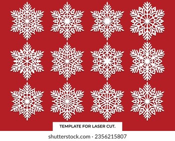 Set of laser cutting openwork snowflakes. Vector silhouette of christmas decoration. Template for paper isolated on blue background. Stencil for scrapbooking, carved wood.
