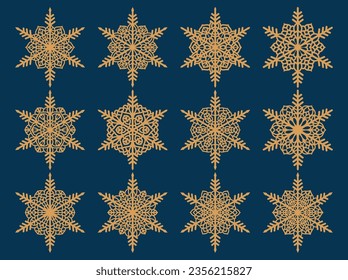 Set of laser cutting openwork snowflakes. Vector silhouette of christmas decoration. Template for paper isolated on blue background. Stencil for scrapbooking, carved wood.
