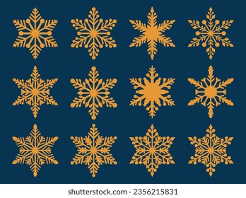 Set of laser cutting openwork snowflakes. Vector silhouette of christmas decoration. Template for paper isolated on blue background. Stencil for scrapbooking, carved wood.
