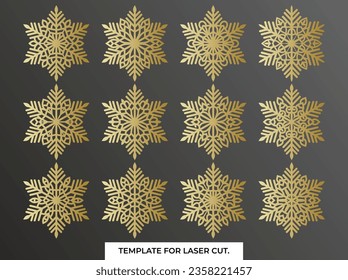 Set of laser cutting openwork snowflakes. Vector silhouette of christmas decoration. Template for paper isolated on blue background. Stencil for scrapbooking, carved wood.
