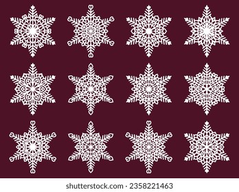 Set of laser cutting openwork snowflakes. Vector silhouette of christmas decoration. Template for paper isolated on blue background. Stencil for scrapbooking, carved wood.
