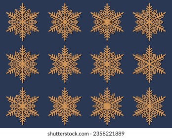 Set of laser cutting openwork snowflakes. Vector silhouette of christmas decoration. Template for paper isolated on blue background. Stencil for scrapbooking, carved wood.
