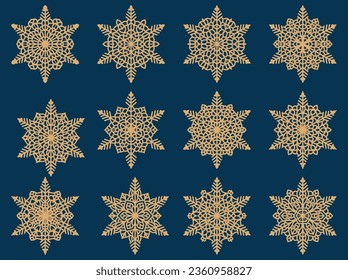 Set of laser cutting openwork snowflakes. Vector silhouette of christmas decoration. Template for paper isolated on blue background. Stencil for scrapbooking, carved wood.
