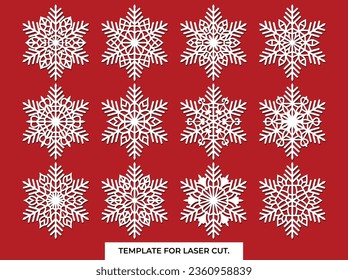 Set of laser cutting openwork snowflakes. Vector silhouette of christmas decoration. Template for paper isolated on blue background. Stencil for scrapbooking, carved wood.

