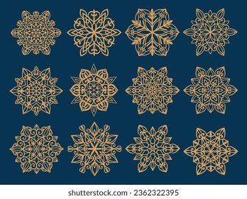 Conjunto de copos de nieve de corte láser abiertos. Silueta vectorial de decoración navideña. Plantilla para papel aislado en fondo azul. Esténcil de raspar, madera tallada.
