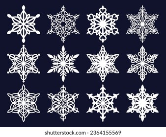 Set of laser cutting openwork snowflakes. Vector silhouette of christmas decoration. Template for paper isolated on blue background. Stencil for scrapbooking, carved wood.
