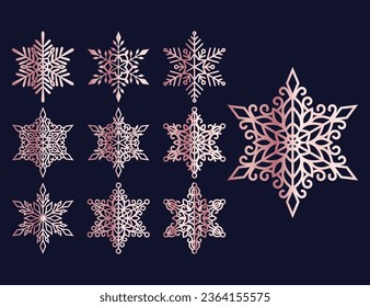 Set of laser cutting openwork snowflakes. Vector silhouette of christmas decoration. Template for paper isolated on blue background. Stencil for scrapbooking, carved wood.
