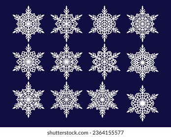 Set of laser cutting openwork snowflakes. Vector silhouette of christmas decoration. Template for paper isolated on blue background. Stencil for scrapbooking, carved wood.
