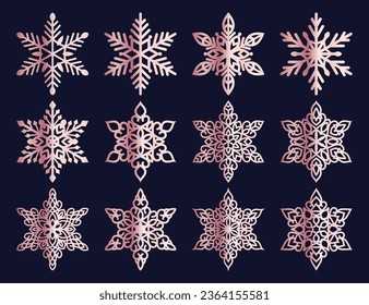 Set von Laser Schneiden OpenWork Schneeflocken. Vektorsilhouette der Weihnachtsdekoration. Vorlage für Papier einzeln auf blauem Hintergrund. Stift für Scrapbooking, Schnittholz.
