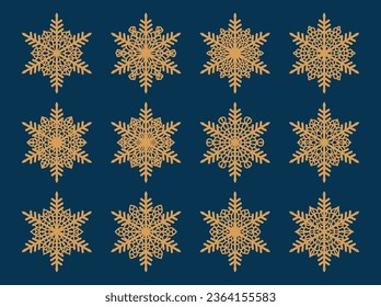 Conjunto de copos de nieve de corte láser abiertos. Silueta vectorial de decoración navideña. Plantilla para papel aislado en fondo azul. Esténcil de raspar, madera tallada.
