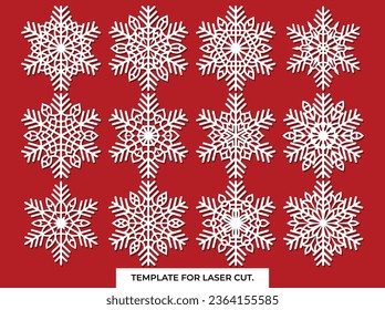 Set of laser cutting openwork snowflakes. Vector silhouette of christmas decoration. Template for paper isolated on blue background. Stencil for scrapbooking, carved wood.

