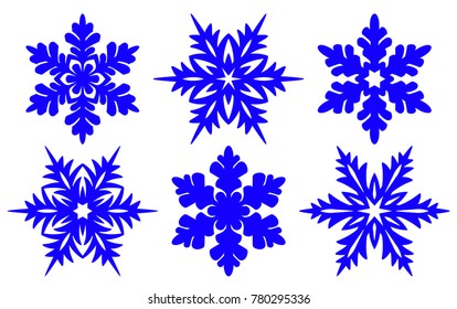 Set of laser cutting openwork snowflakes. Template for cut out paper snowflake isolated on blue background. Vector silhouette, stencil for scrapbooking, woodcut, carved wood. Die cut set.