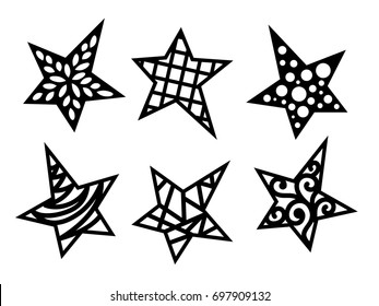 Set of laser cutting stars. Graphic design decoration for Christmas, holiday, invitation card. Elements isolated on transparent background. Template of vector silhouette.