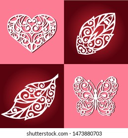 Set laser cutting template. A collection of Decor  in shape  of openwork leaves, butterflies and hearts. Template for laser cutting, wood carving, paper cut .