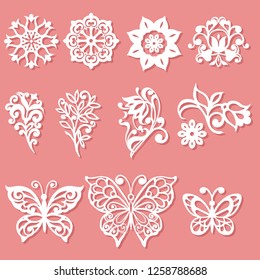 Set laser cutting template. Flowers, leaves and butterflies for the lace decoration. Decorative butterfly for laser cutting. Vector illustration