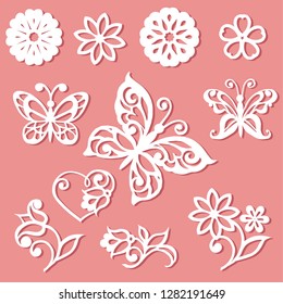 Set Laser Cutting Template. Flowers, Leaves And Butterflies For The Lace Decoration