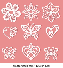 Set laser cutting template. Flowers, hearts and butterflies for the lace decoration. Decorative butterfly for laser cutting. Vector illustration 