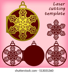 Set of laser cutting templates. Openwork snowflake in christmas tree bauble, card bauble form, snowflake.  For greeting cards, labels, tags, invitations. Card size 100x120 mm. Vector illustration.