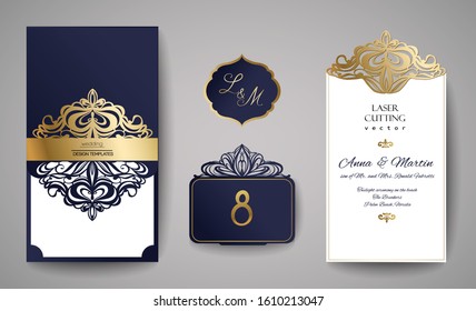 Set of Laser cutting wedding invitation card template. Paper cutout. Die cut template. Vector design.