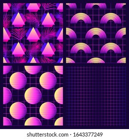 Set of laser grid seamless patterns with geometric shapes. Vaporwave, retrowave aesthetics. Futuristic digital wallpapers.