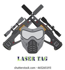 Set Of Laser Tag Game. Vector Illustration With Helmet And Laser Guns Logo.