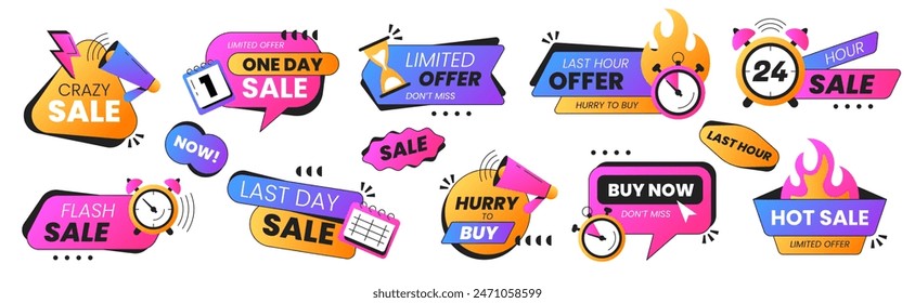 Set of last time or limited offer badges. Sale promo stickers with alarm clock, calendar, countdown or megaphone icon. Hot sales, special deal, only day and hurry up icons. Discount label for shopping