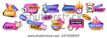 Set of last time or limited offer badges. Sale promo stickers with alarm clock, calendar, countdown or megaphone icon. Hot sales, special deal, only day and hurry up icons. Discount label for shopping