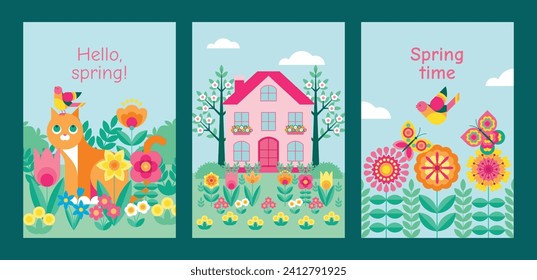 Set of lat geometric spring backgrounds with funny ginger cat, singing bird, flowers, house and garden. Postcard, greeting, poster, banner, flyer.