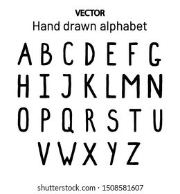 set of latin alphabet letters. Capital letters in a simple style. Vector Black lettering on white. Children's style. Can be used for advertising, imitation of children handwriting, lettering, logo