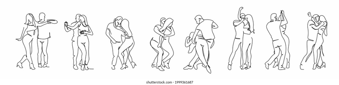 conjunto de danzas latinoamericanas. Una pareja elegante baila salsa, bachata. Estilo retro. Dibujo lineal para imprimir carteles de camisetas