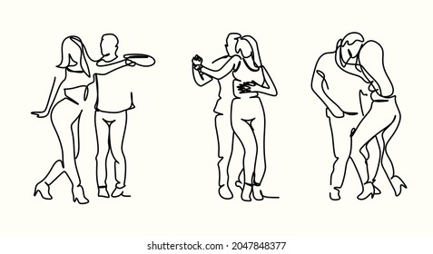 set of Latin American dances. An elegant couple dances salsa, bachata. Retro style. Linear drawing for printing T-shirts banners	