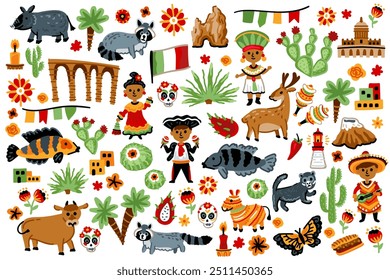 Un conjunto de Elementos estadounidenses de Latina. Símbolos de México. Naturaleza, animales, personajes, objetos. Para mapas y diseños infantiles. Ilustraciones de Lugares famosos de viaje. Estilo de dibujos animados. Obra de arte infantil