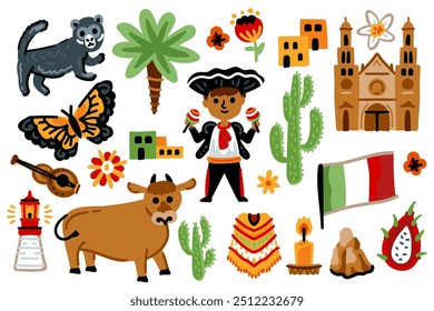 Set of Latin American elements. Symbols of Mexico. Nature, animals, characters, objects. For maps and children's designs. Travel landmarks illustrations. Cartoon style. Childish artwork