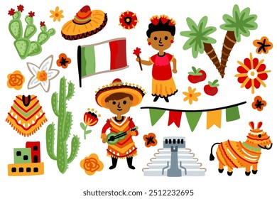 Set of Latin American elements. Symbols of Mexico. Nature, animals, characters, objects. For maps and children's designs. Travel landmarks illustrations. Cartoon style. Childish artwork