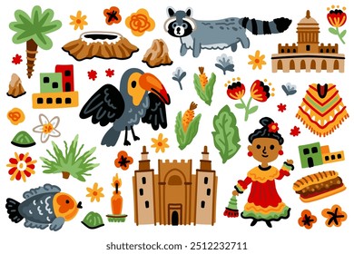 Set of Latin American elements. Symbols of Mexico. Nature, animals, characters, objects. For maps and children's designs. Travel landmarks illustrations. Cartoon style. Childish artwork