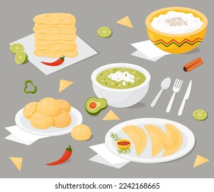 Ponga comida nacional latinoamericana. Empanadas mexicanas, pan de queso brasileño, sopa verde con aguacate, budín de arroz con leche, tortillas de maíz en el plato con lonchas de lima y pimientos. Ilustración del vector