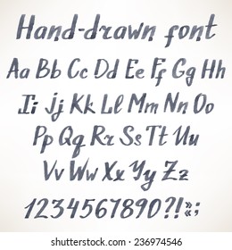 set of Latin hand-drawn gray letters and numbers