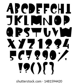 Set of latin letters, arabic numbers and punctuation marks. Vector set in grotesque style. Black lettering isolated on white