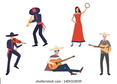 Set of Latin musicians. Men in sombreros playing instruments, woman dancing with tambourine. Show concept. Vector illustration can be used for topics like fiesta, Mexico, party