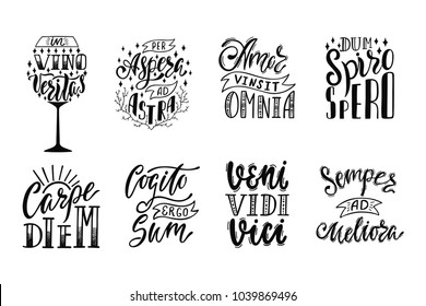 Set of latin phrases. Hand drawn inspirational vector quotes for prints, posters, t-shirts. Illustration isolated on white background. Typography design.