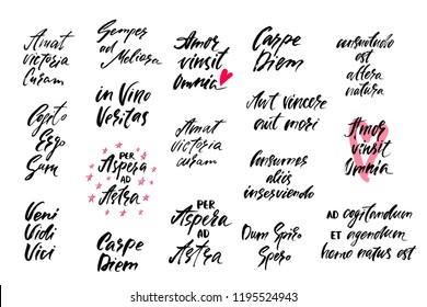 Set of latin phrases. Inspirational calligraphy quotes. Hand drawn typography design. Vector illustration EPS 10 isolated on white background.