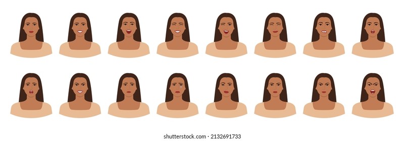 Conjunto de emociones latinas de mujeres de cabello marrón. Variaciones de expresiones faciales femeninas. Sonreír, feliz, alegre, sorprendida, triste, insatisfecha, airada, enojada, aterrorizada emoción. Carácter vector plano.