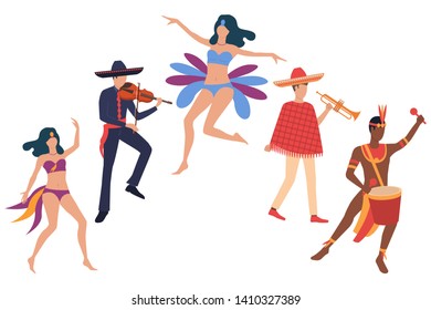 Set of Latino people at carnival. Crowd of people participating in traditional festival. Vector illustration for leaflet, promo, advertisement